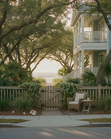 Coastal home with two-story porch, wooden gate, and mature oak trees framing water view