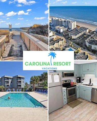 Carolina Resort Vacations collage showing beach boardwalk, oceanfront buildings, swimming pool, and kitchen with stainless steel appliances