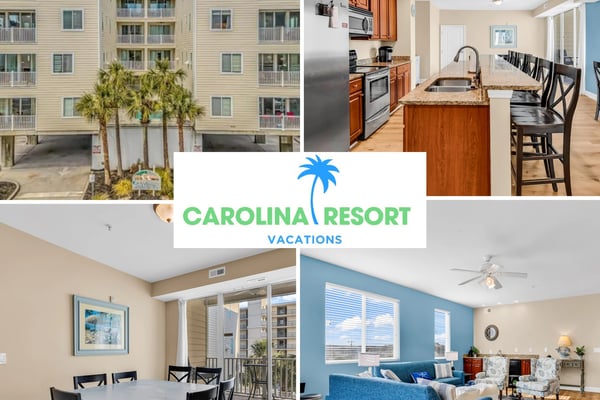 Vacation rental collage showing beachfront apartment building, kitchen with wood cabinets, dining area, and living room with blue sofa