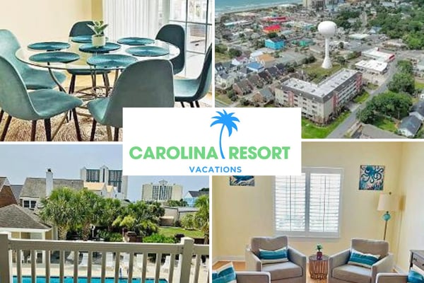 Carolina Resort Vacations collage showing dining room, aerial beach view, residential neighborhood, poolside deck, and living room with coastal decor