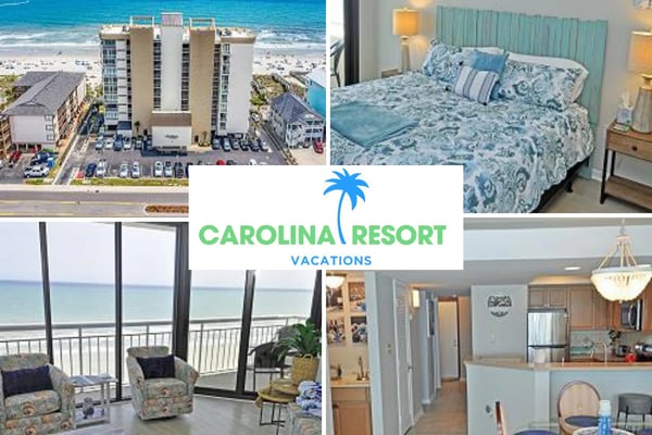 Beachfront resort building with ocean view, bedroom with turquoise headboard, oceanfront balcony seating, and kitchen-dining area