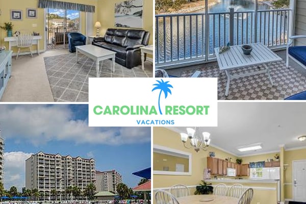 Yellow living room with black leather sofa and lake view, waterfront balcony with railing, resort pool with multi-story buildings, and yellow dining area with