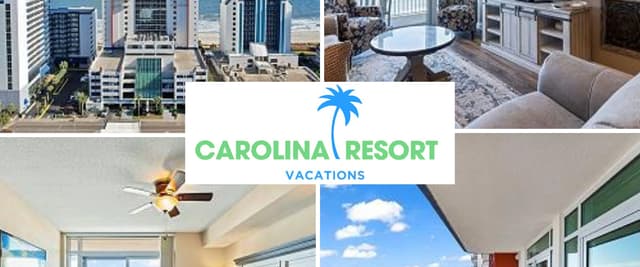 Beachfront resort with high-rise buildings, oceanview living room with ceiling fan, bedroom with ocean view, and balcony overlooking sandy beach