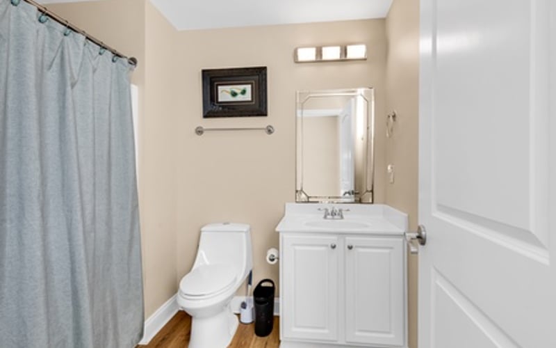 Bathroom with white vanity, toilet, shower curtain, and wood-look flooring