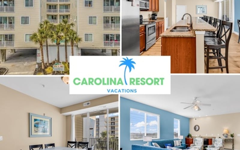 Carolina Resort Vacations logo with photos of beachfront apartment building, kitchen, dining area, and ocean-view bedroom