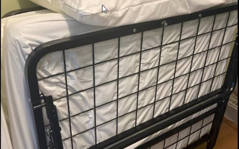 Black metal bed frame with white bedding and pillows