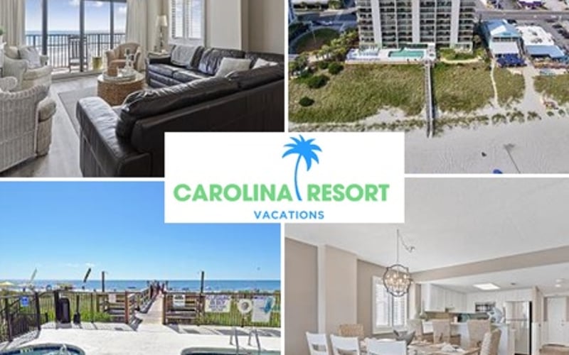 Carolina Resort Vacations collage showing beachfront condo interior, aerial property view, poolside deck, and dining area