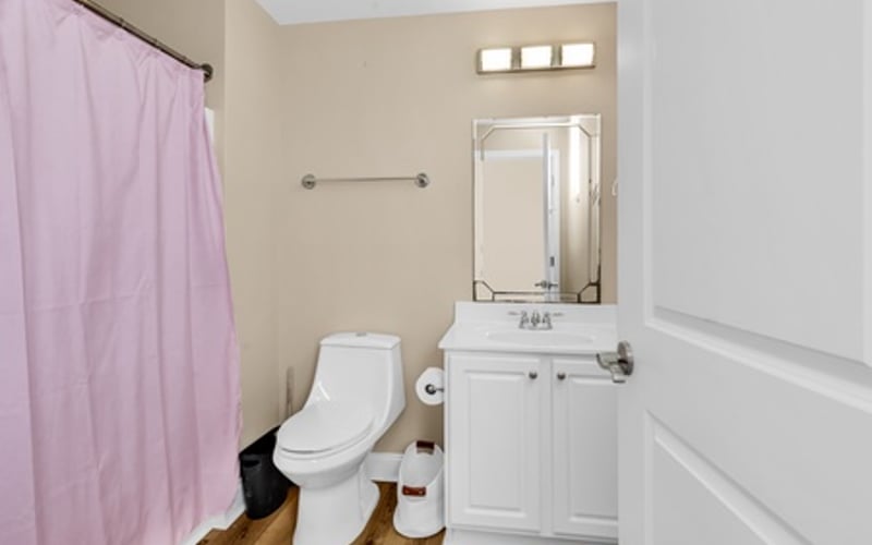Bathroom with white vanity, toilet, pink shower curtain, and wood flooring