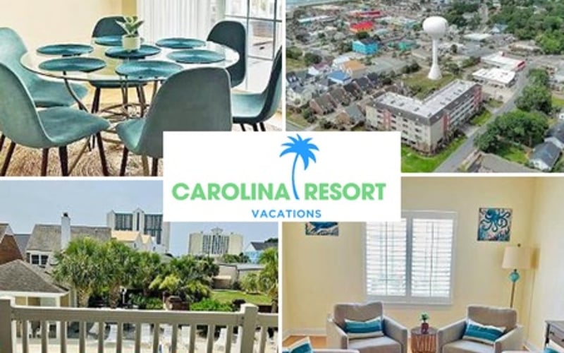 Carolina Resort Vacations collage showing dining area, cityscape view, balcony with pool, and living room with seating