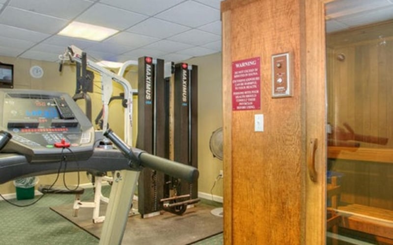 Home fitness room with treadmill, weight rack, and wooden sauna entrance