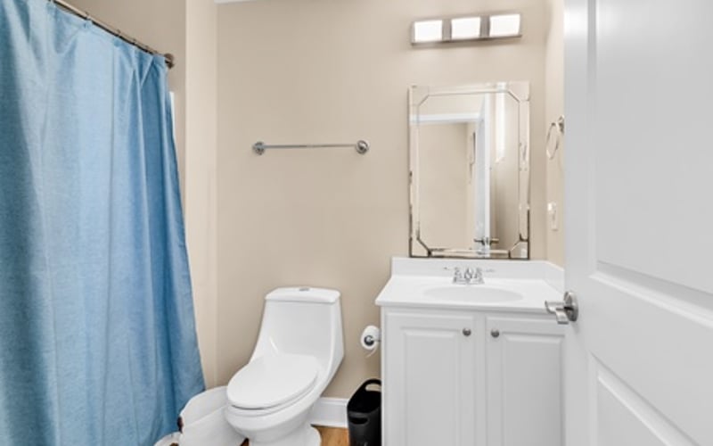 Bathroom with white toilet, vanity sink, mirror, blue shower curtain, and wood flooring